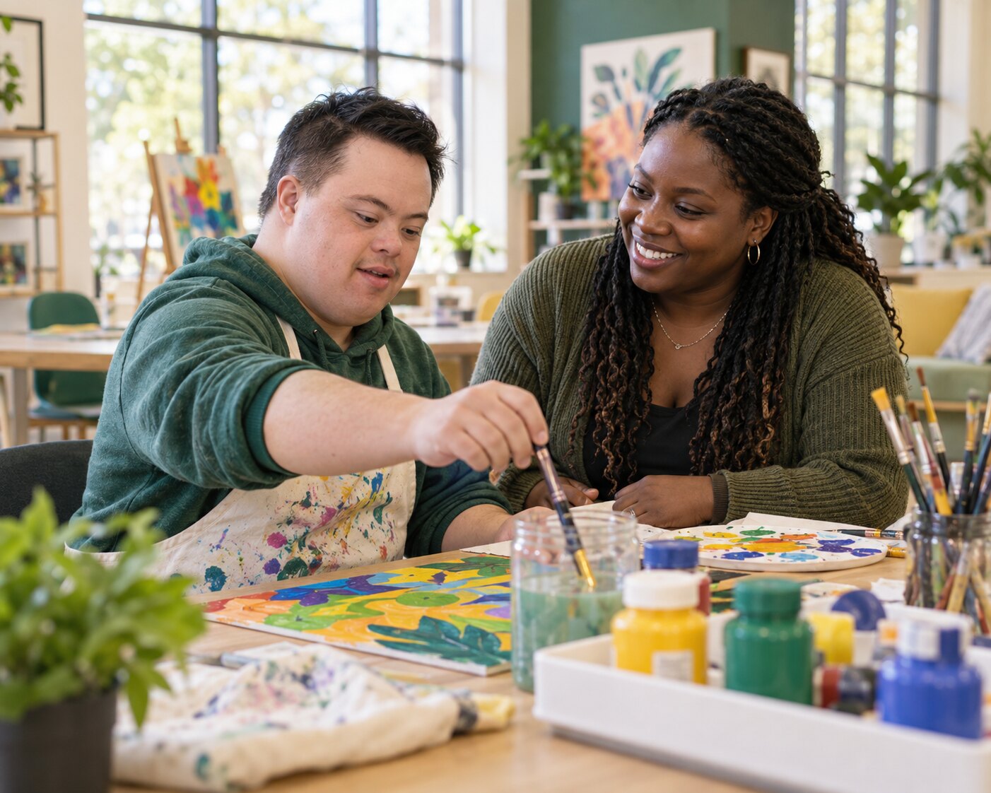 A direct support professional helping an adult participate in a creative community activity